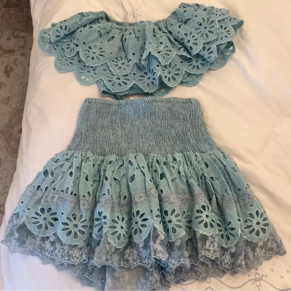PLACE NATIONALE Top & Smocked Mini Skirt Two Piece Set Baby Blue - Picture 6 of 7